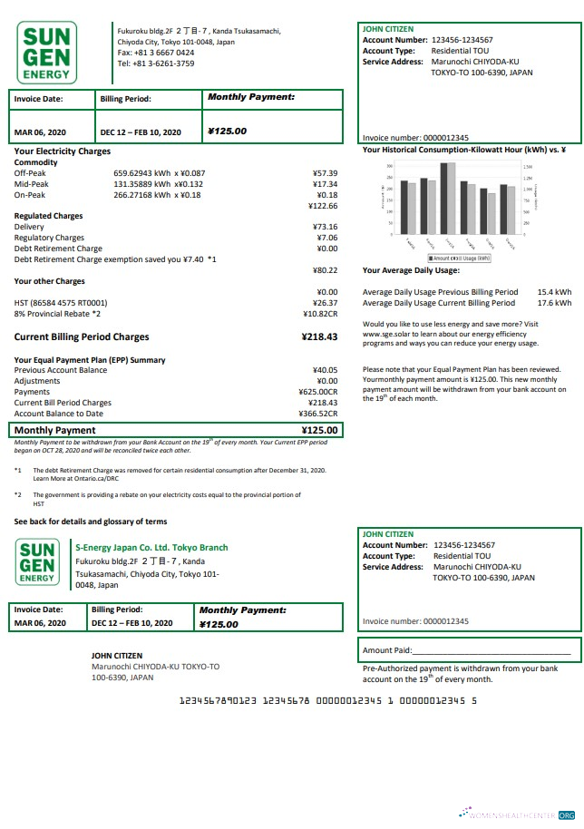 download Japan S Energy Japan Co. Ltd. Tokyo Branch utility bill template in Word and PDF format PDF template
